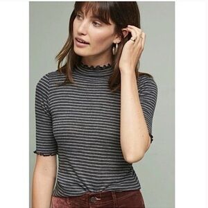 T.La for Anthropologie striped mock neck tee ruffle hem